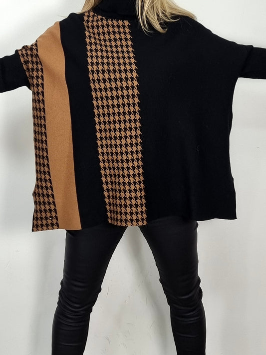 Oversize Pullover in Schwarz/ Camel mit Muster-Mix