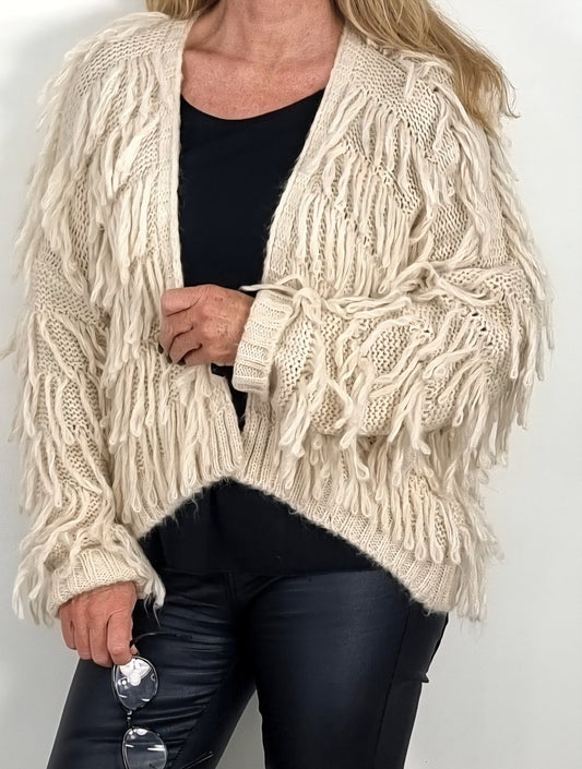 Stylische Fransen-Strickjacke – Beige
