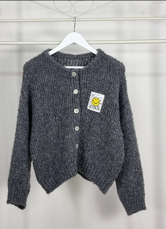 Teddy- Cardigan mit Smiley-Patch