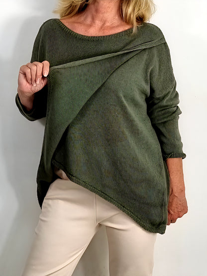 Asymmetrischer Strickpullover – Olivgrün