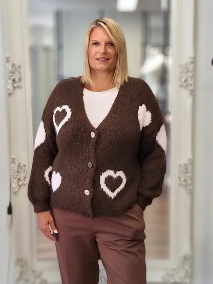 Kuscheliger Cardigan mit Herz-Details – Braun/Rosa