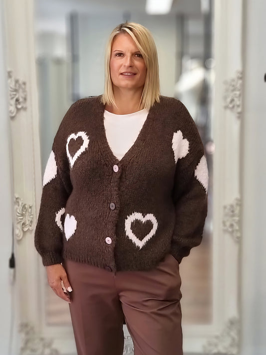 Kuscheliger Cardigan mit Herz-Details – Braun/Rosa