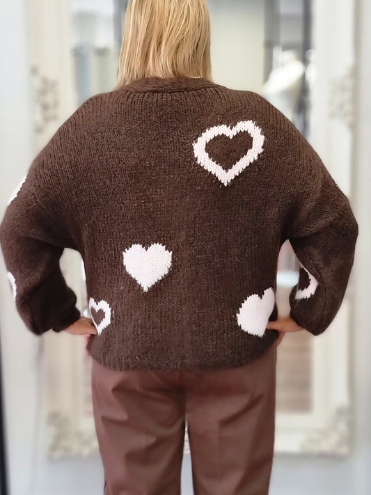 Kuscheliger Cardigan mit Herz-Details – Braun/Rosa
