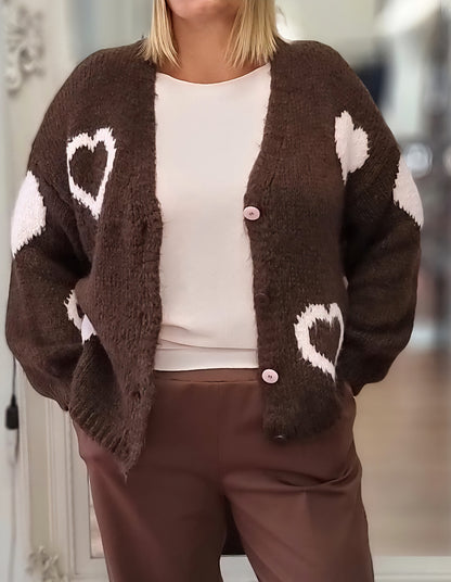 Kuscheliger Cardigan mit Herz-Details – Braun/Rosa