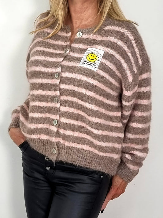 Kuscheliger Smiley Strick-Cardigan mit Streifenmuster