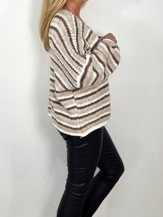 Gestreifte Strickweste – Kuschelig Beig/ Rosa/Braun