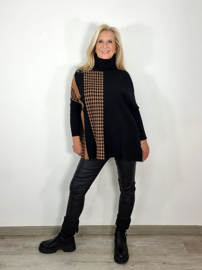 Oversize Pullover in Schwarz/ Camel mit Muster-Mix