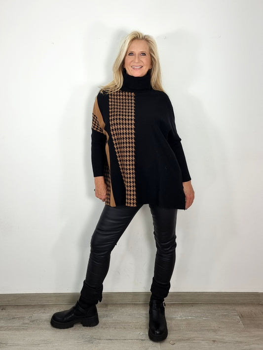Oversize Pullover in Schwarz/ Camel mit Muster-Mix
