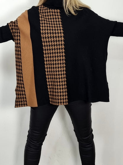 Oversize Pullover in Schwarz/ Camel mit Muster-Mix