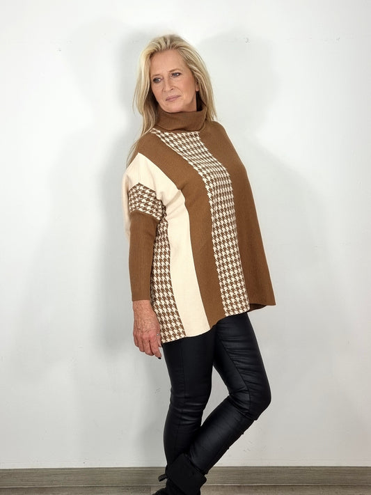 Oversize Pullover in Camel mit Muster-Mix