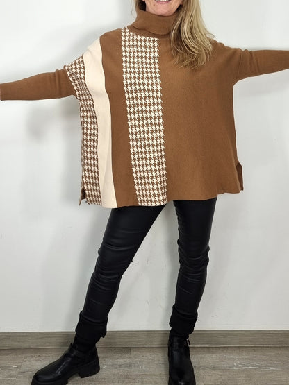 Oversize Pullover in Camel mit Muster-Mix
