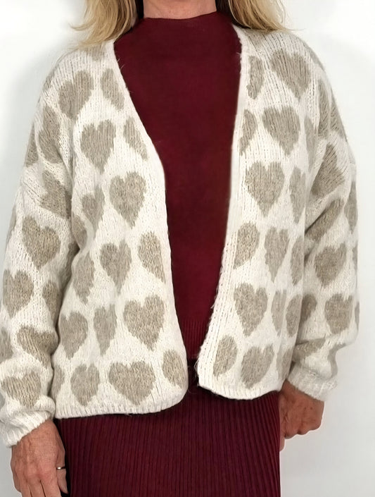 Kuschelige Strickjacke mit Herzmuster – Creme/Beige