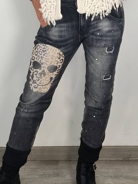 Totenkopf Denim Jogger-Dark Grey