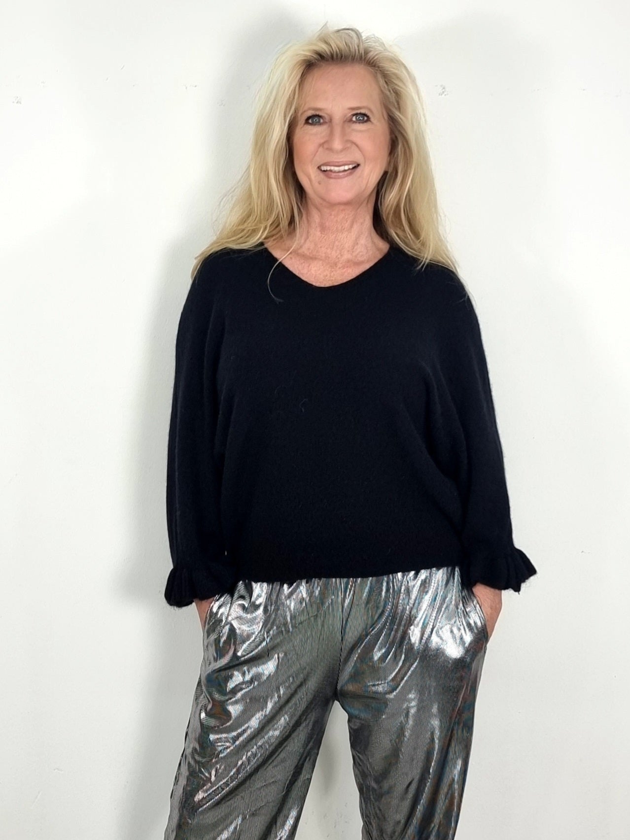 Feinstrick-Pulli mit Volant Ärmeln Braun