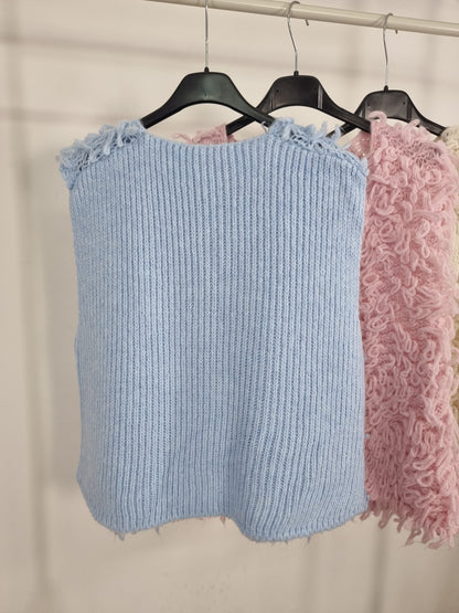 Modische Strickweste mit Fransen Beige , Hellblau, Rosa