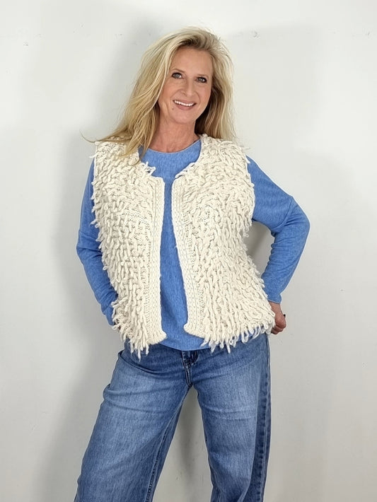 Modische Strickweste mit Fransen Beige , Hellblau, Rosa