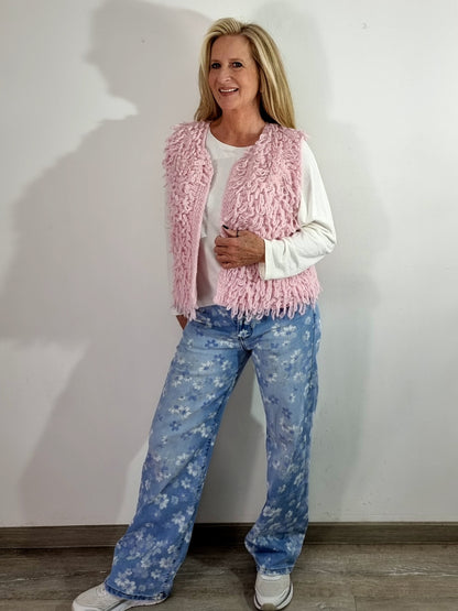 Modische Strickweste mit Fransen Beige , Hellblau, Rosa