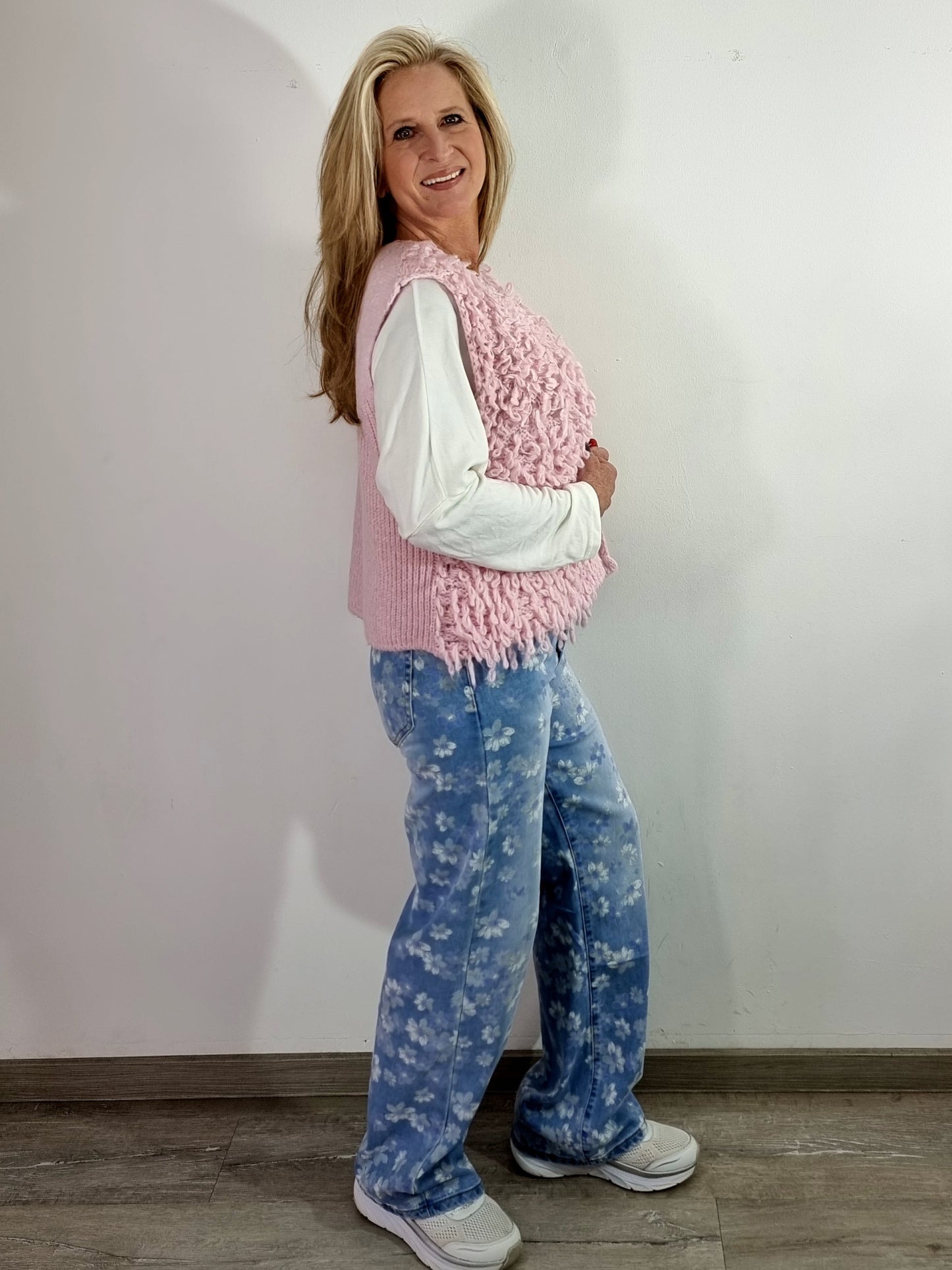 Modische Strickweste mit Fransen Beige , Hellblau, Rosa