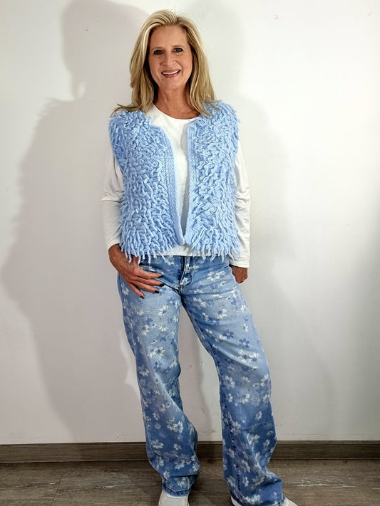 Modische Strickweste mit Fransen Beige , Hellblau, Rosa