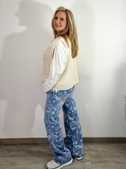 Modische Strickweste mit Fransen Beige , Hellblau, Rosa