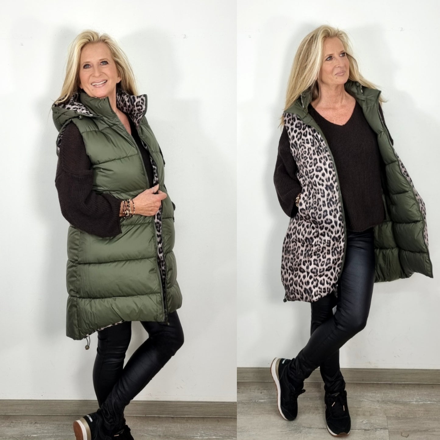 Wende-Steppweste Oliv &  mit Leo-Print