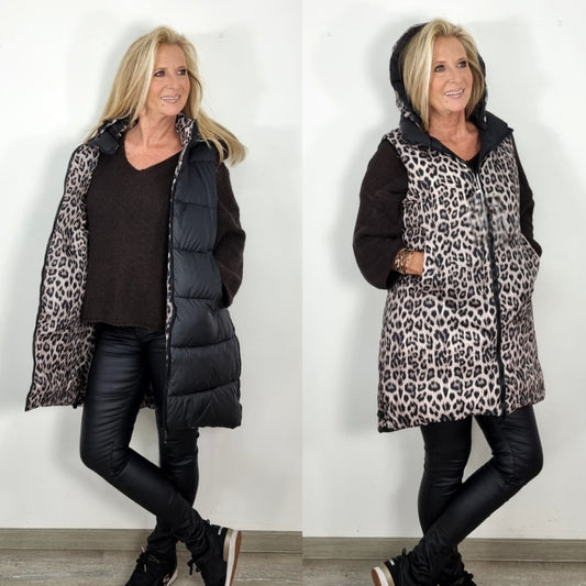 Wende-Steppweste Schwarz &  mit Leo-Print