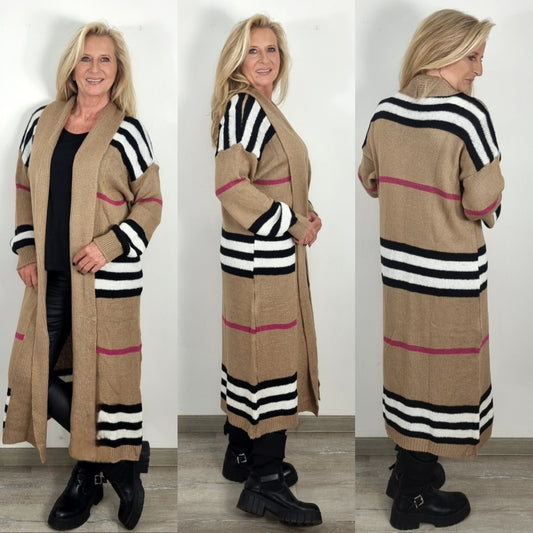 🤎 Lange Strickweste „Stripes Elegant“ – Stylisch, warm & vielseitig!
