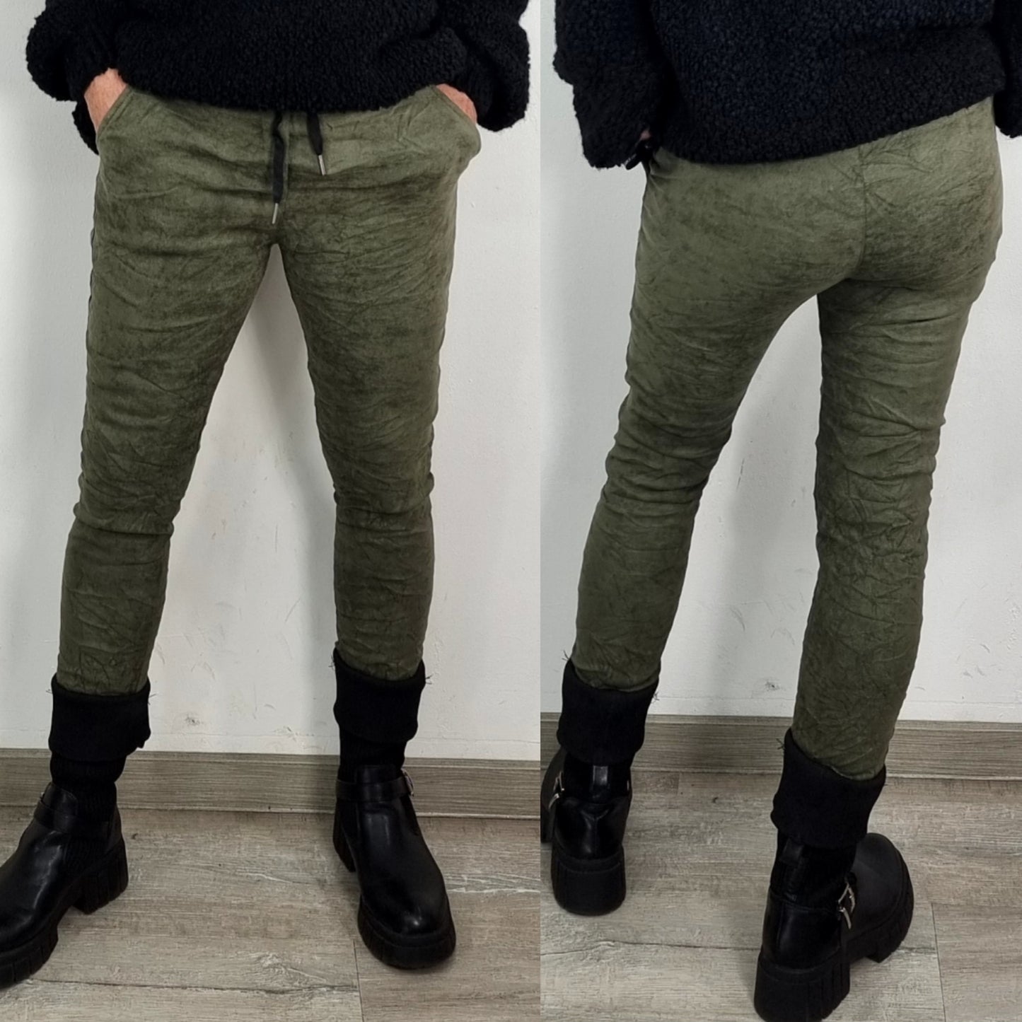 Hose in Wildleder-Optik Olivgrün