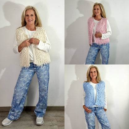 Modische Strickweste mit Fransen Beige , Hellblau, Rosa