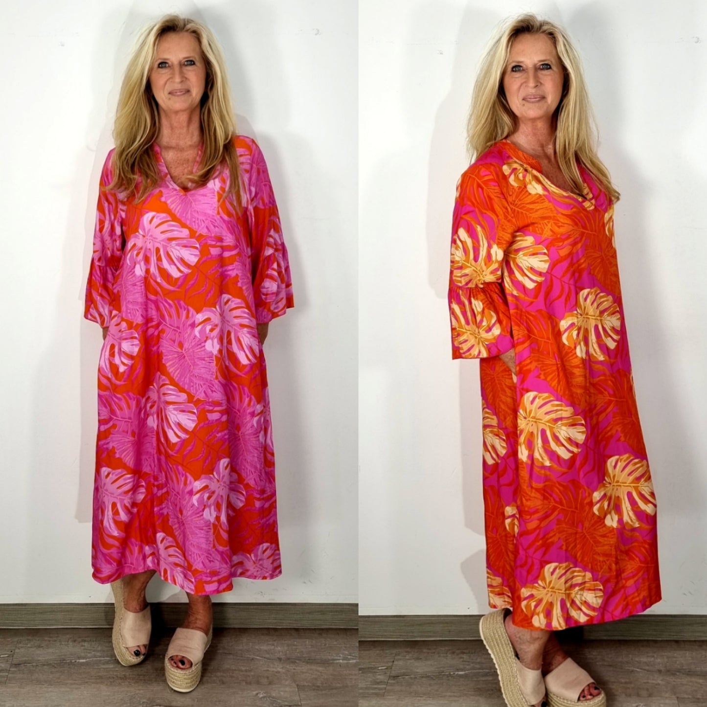 Maxikleid mit tropischem Blätterprint – Farbenfroh & sommerlich