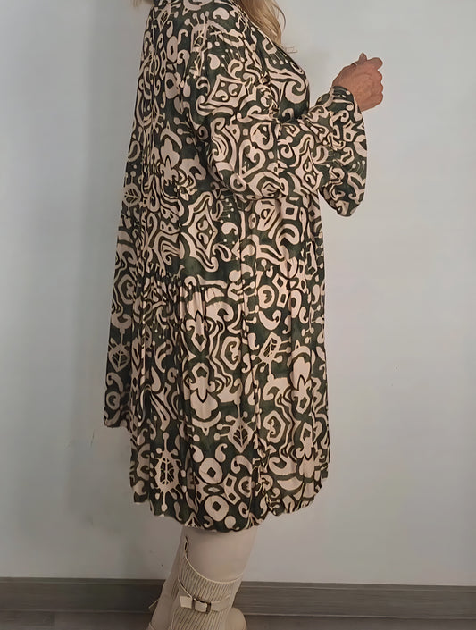 Kleid mit grafischem Muster – Olive & Creme