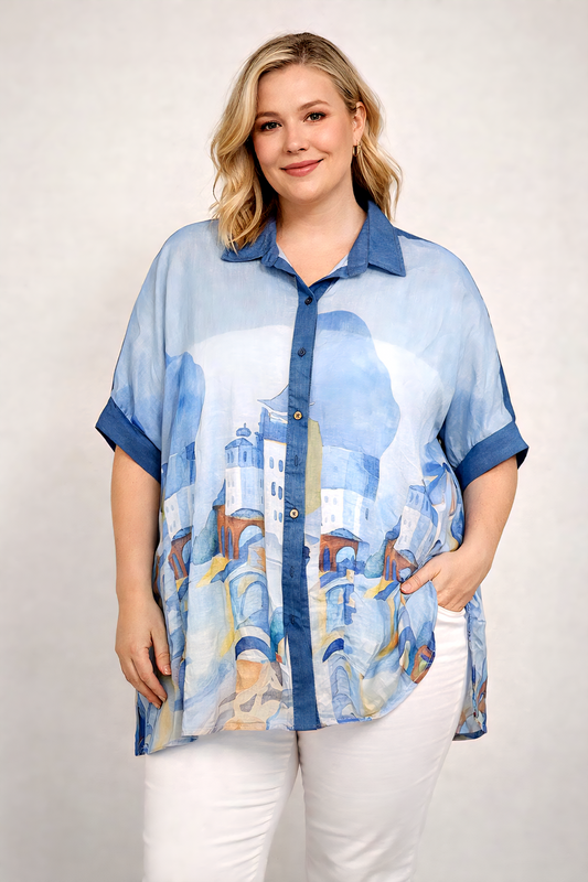 Leichte Bluse mit künstlerischem Print – luftig & stilvoll